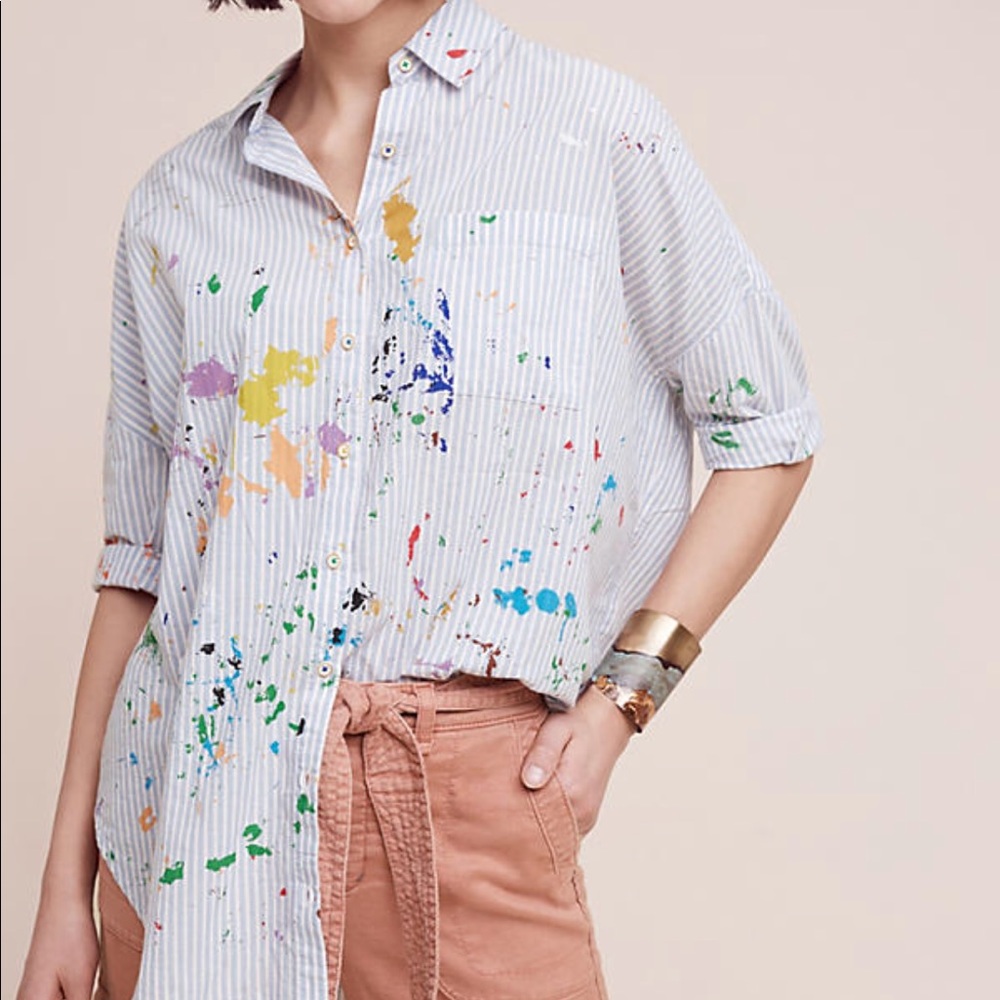 Anthropologie Striped Button-Down Shirt with Multicolor Paint Splatter